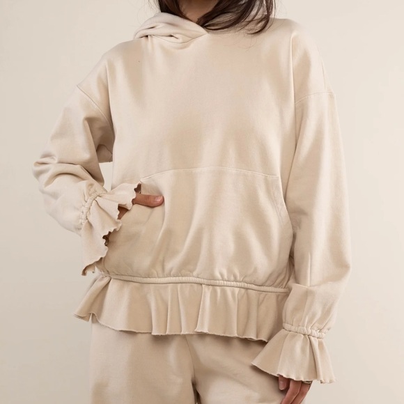 NLT Tops - NLT Bixby Ruffle Hoodie Size L Oat Boxy FIt Cotton 19oz Fleece Quality Made USA